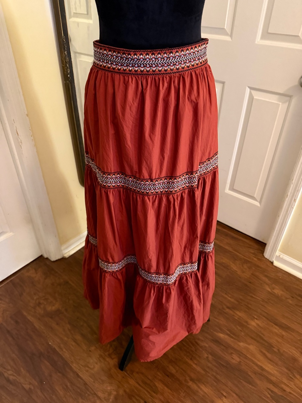 A Loves A 3 Tiered Boho Maxi Skirt Rust Orange Embroidered Festival Cottagecore - Picture 6 of 8